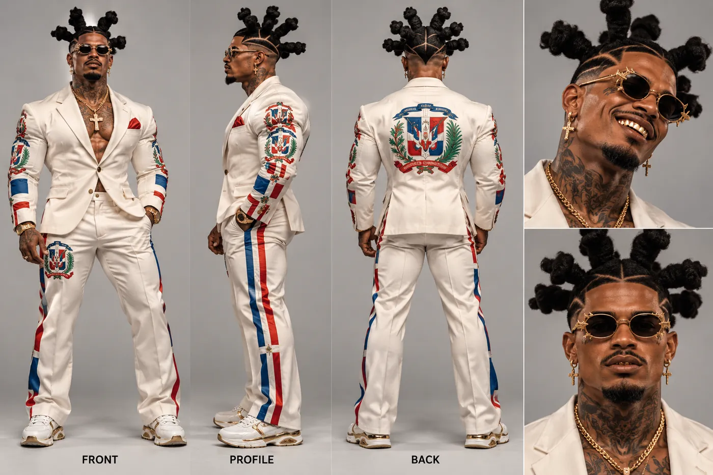 The clean reference sheet: front, profile, back and close-ups of the face.