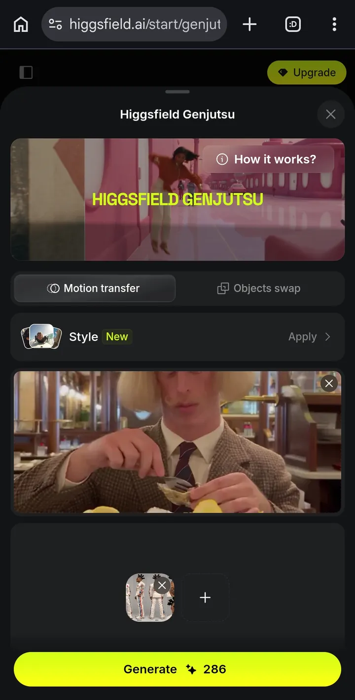 Motion transfer with the oyster clip and Zafiro's sheet loaded. This one cost 286 credits.