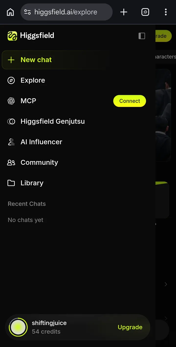 Higgsfield's side menu. Genjutsu sits right above AI Influencer.